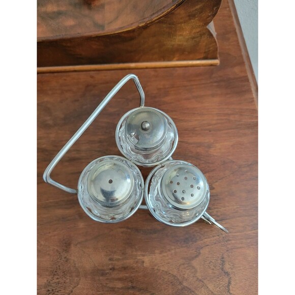 Old Salt And Pepper Shakers With Metal Wheelbarrow Holder - Picture 2 of 4